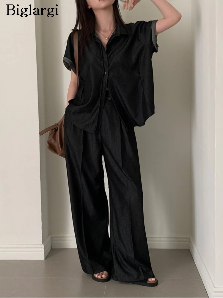 

Summer 2 Two Piece Set Women Casual Fashion Ladies Shirts Wide Leg Loose Korean Style Pleated Woman Long Pant