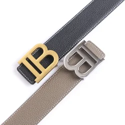 2024 Grey Luxury Brand Designer B Buckle Belt Men High Quality Women Genuine Real Leather Dress Strap for Jeans Waistband