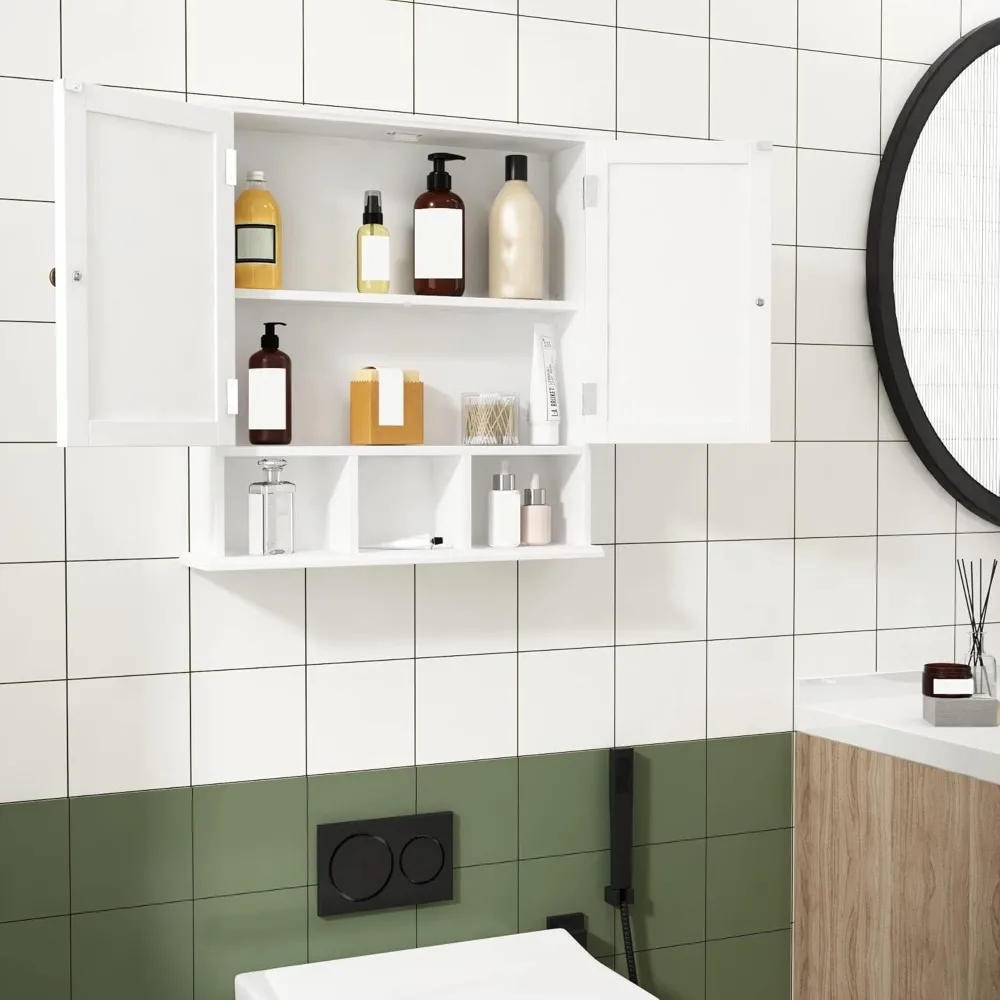 

Bathroom Cabinet Wall Mounted 2-Door with 3 Open Shelves, Wooden Medicine Cabinets with Adjustable Shelf