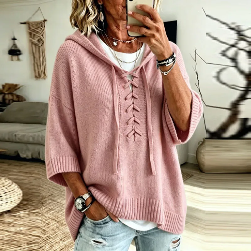 Women Hooded Sweaters Lace Up Front Drawstring Hood 3/4 Sleeve Loose Pullover Casual Solid Soft Knit Daily Boho Fall Winter Tops