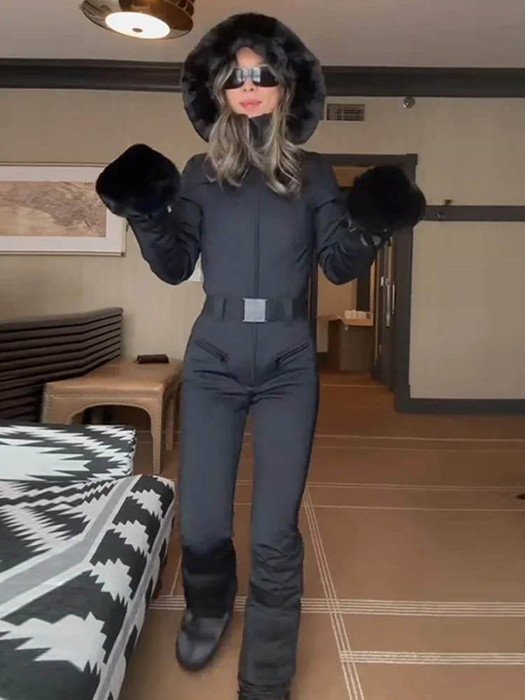 شيك فو الفراء المرقعة المرأة بذلة التزلج عالية حزام خصر سحابات جيب سيدة ملابس التزلج 2025 الشتاء الربيع الإناث رومبير #2