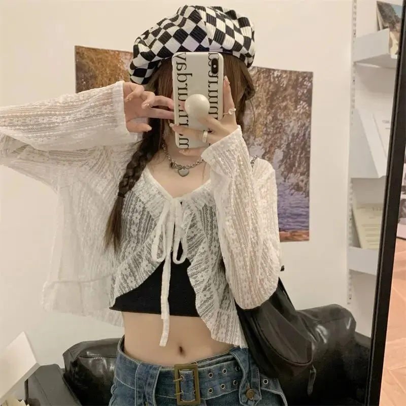 Sweet Blouse Women Chiffon Elegant Vintage Long Sleeve Lace Shirt Bandage Design Female Korean Solid Airable Cropped Tops