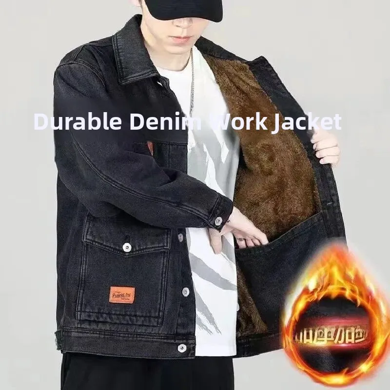 

Men's Fce Lined Work Jaet Loose Fit Denim Workwear Coat Outdoor Welding Site Casual Sle Long Sve Youth Faion