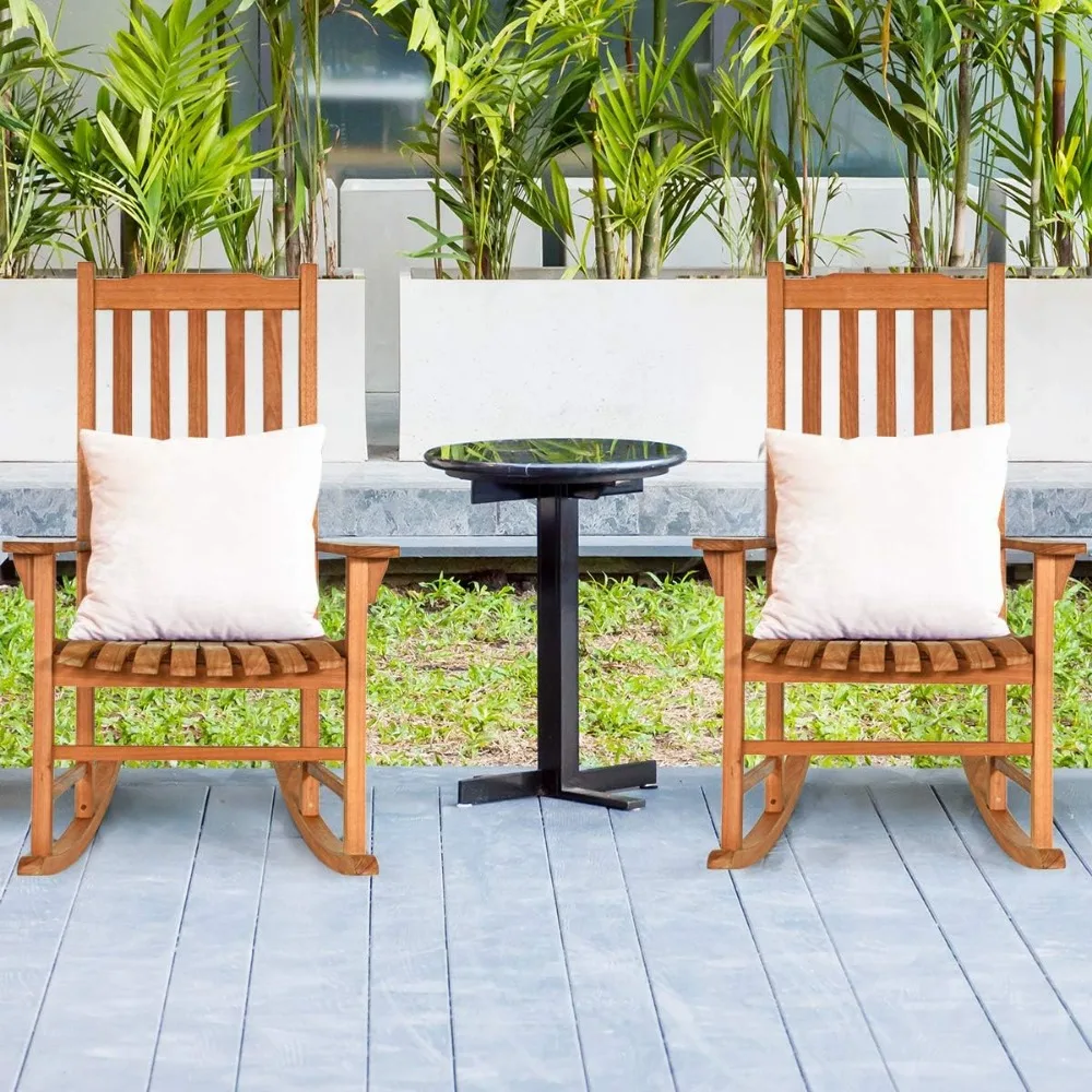 Pair of Eucalyptus Wood Porch Rocking Chairs for Outdoor and Indoor, Natural Finish, Ideal for Front Porch Seating