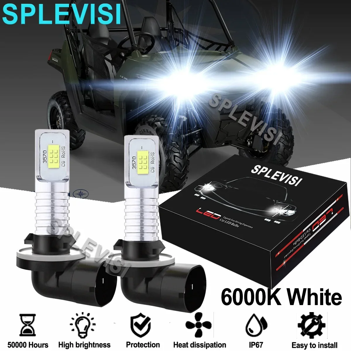 

2PCS Bright White LED Headlight Bulbs 6000K 881 For Polaris Ranger 700 RZR 500 800 900 ATV