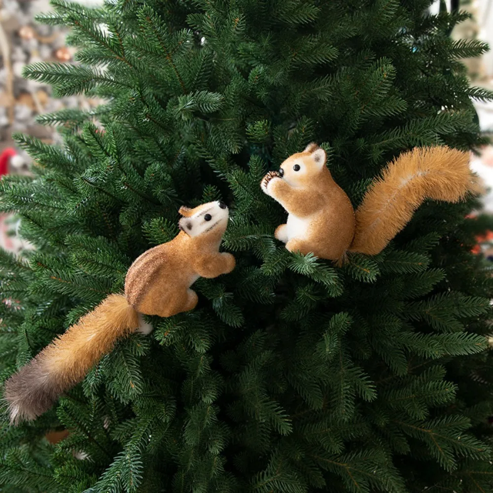 Flocking Christmas Tree Squirrel Pendant Fluffy Lightweight Christmas Squirrel Decorations Simulation Mini