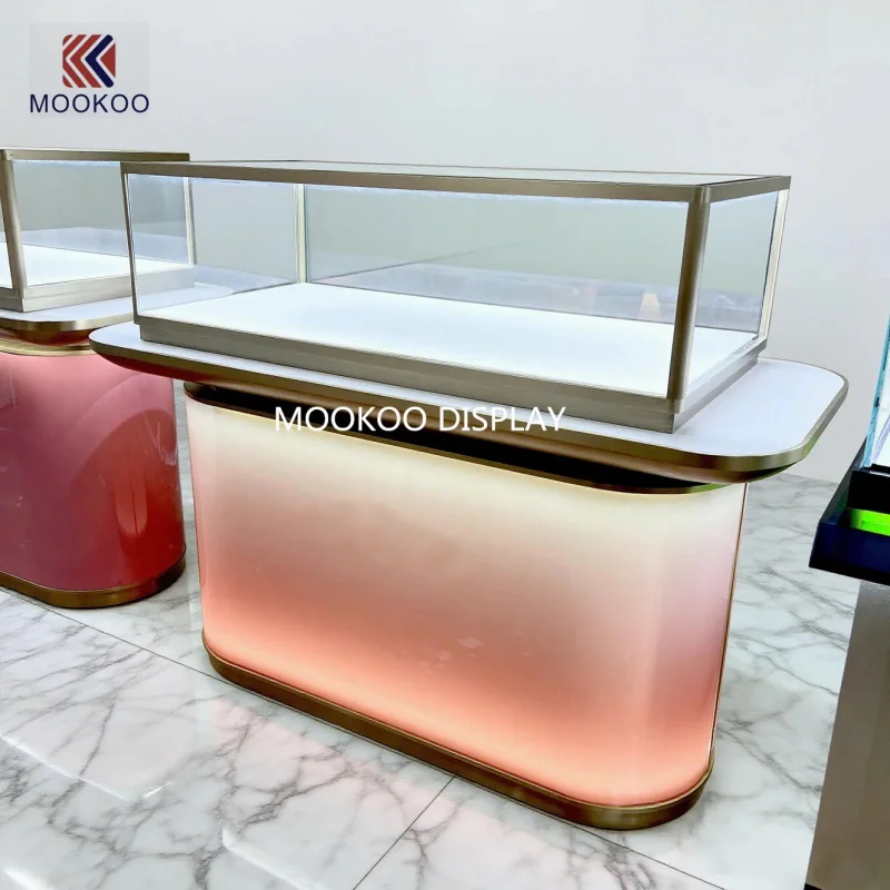 custom.Glamorous Pink Modern Display Rack with LED Light 6 Shelves Easy Assembly-Elegant and Stylish Product