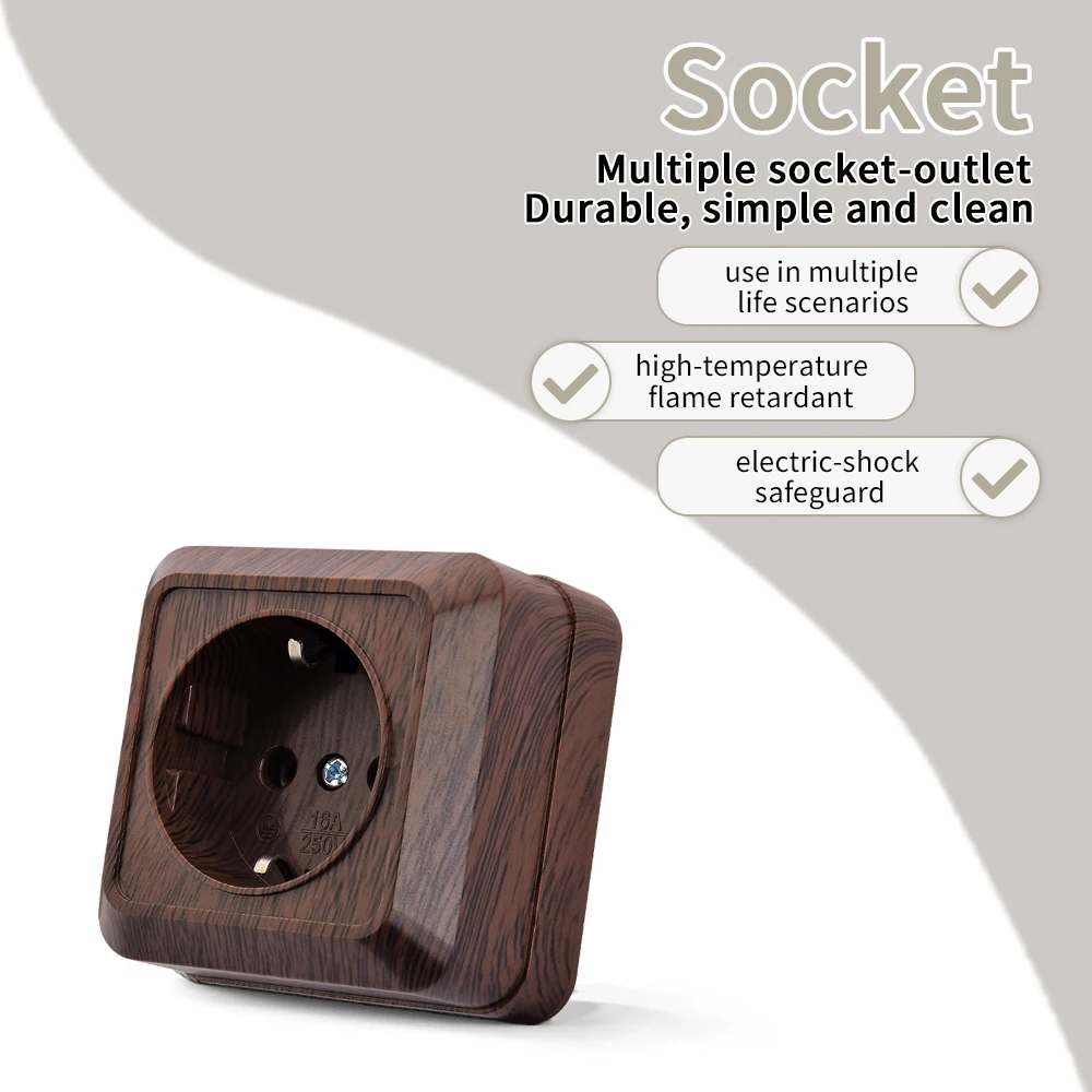 Wood Plugs Socket Electrical Outlets Flame Retardant With Ground Wall Mounted Power Sockets EU Standard Classic Paint Plastic