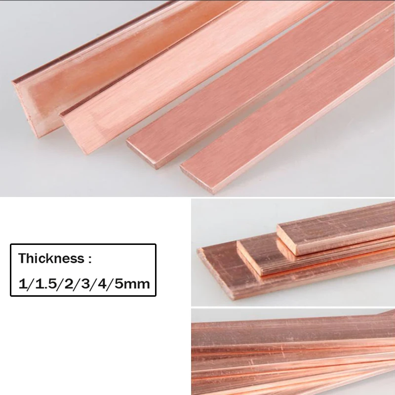 Barra de Metal T2, barra plana de cobre rojo 99.95% puro, espesor de placa 1/1, 5/2/3/4/5mm x 15MM x 250MM, 1 unidad