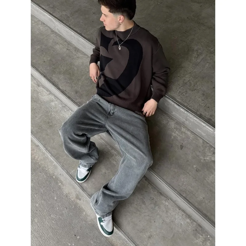 

New embroidered letter high street casual trend color blocking Fried Dough Twists V-neck knitting pullover sweater