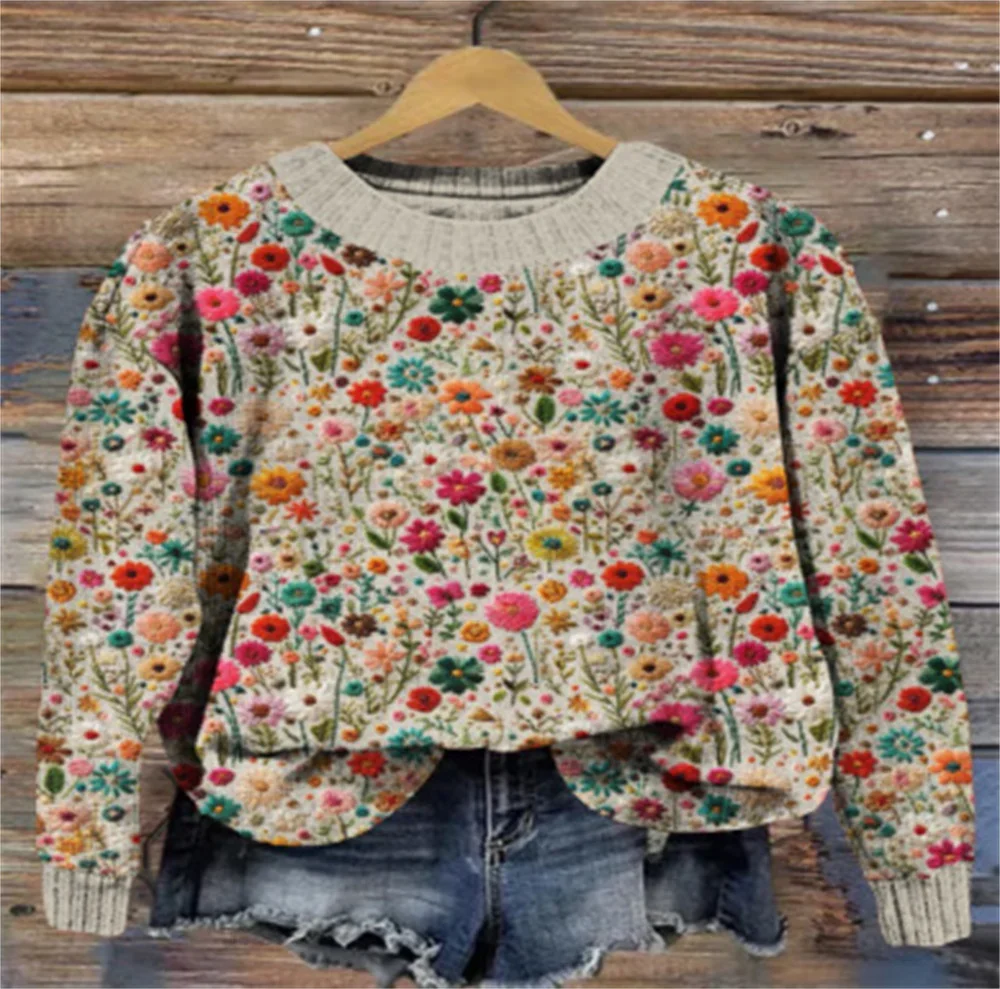 Autumn and Winter New Small Flower Digital Printed Women's Coarse Needle Woolen Sweater Street Top Women's Sweater Women's Sweat