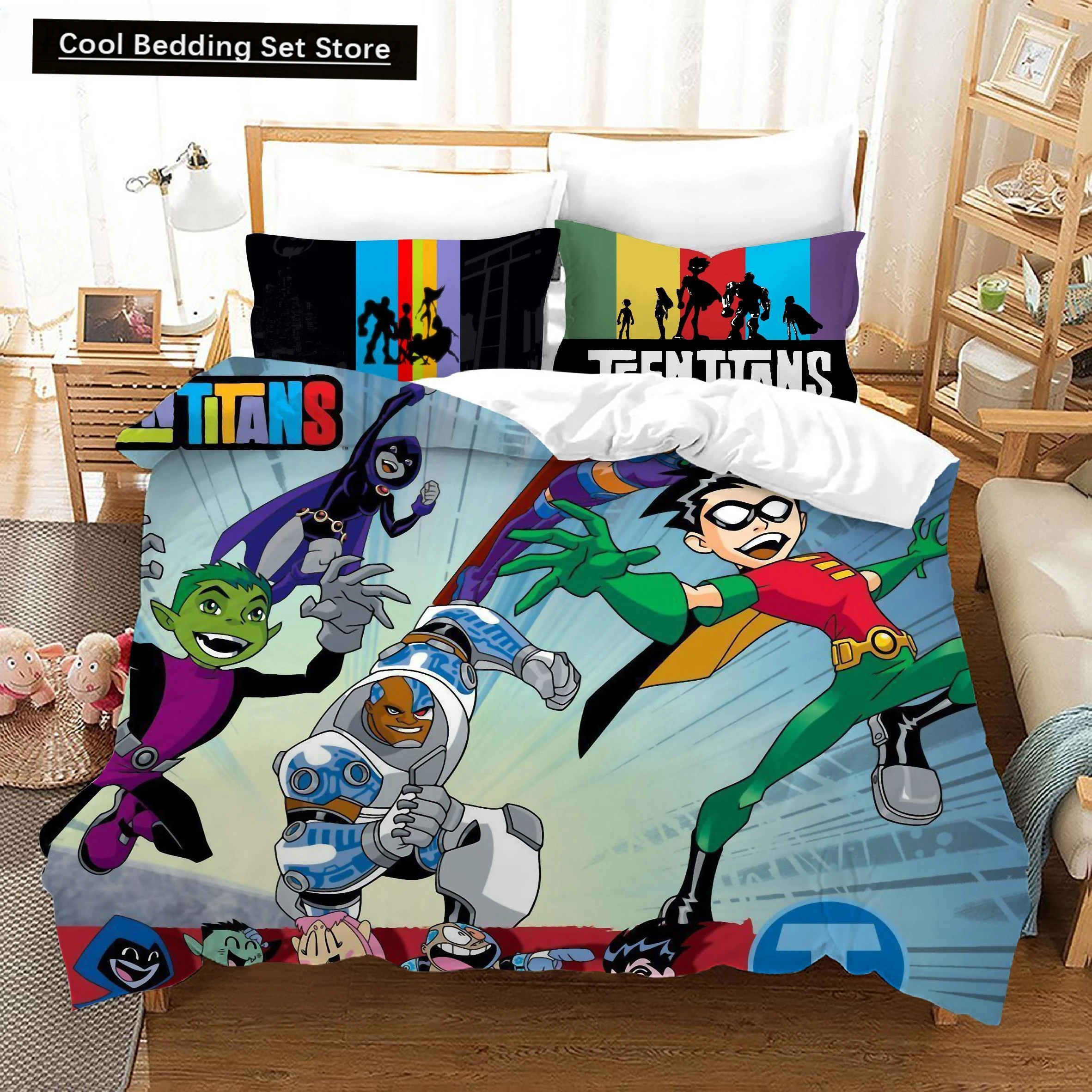 

3D Teen Titans Go Bedding Sets Cartoon Quilt Bed Cover Duvet Cover Pillow Case 2-3 Pieces Sets Us_Europe_UK Size Adult Children