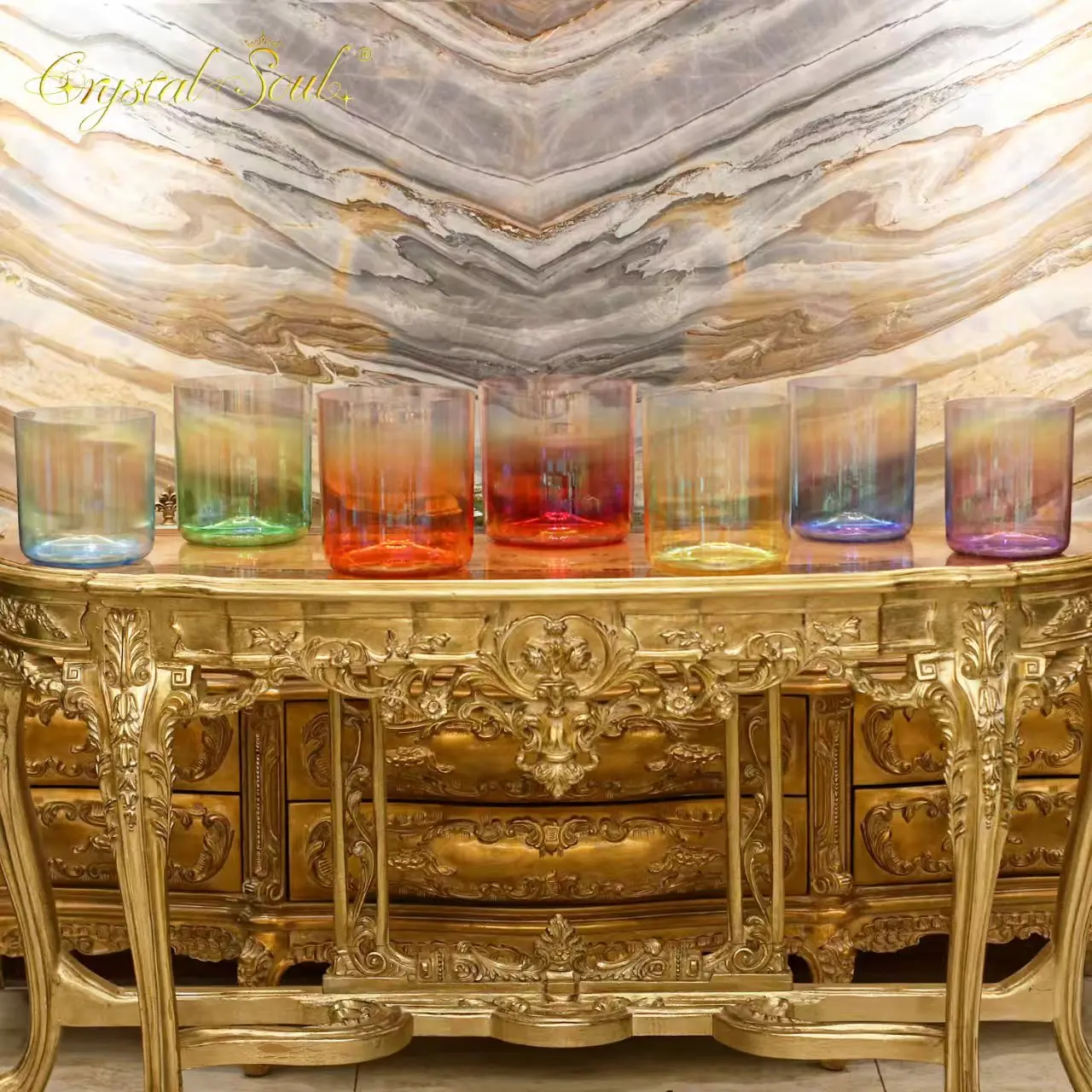 

CrystalSoul 432Hz 7 Chakras Crystal Singing Bowl Set Meditation Healing Handcrafted Quartz Alchemy Bowl with accessories and Bag