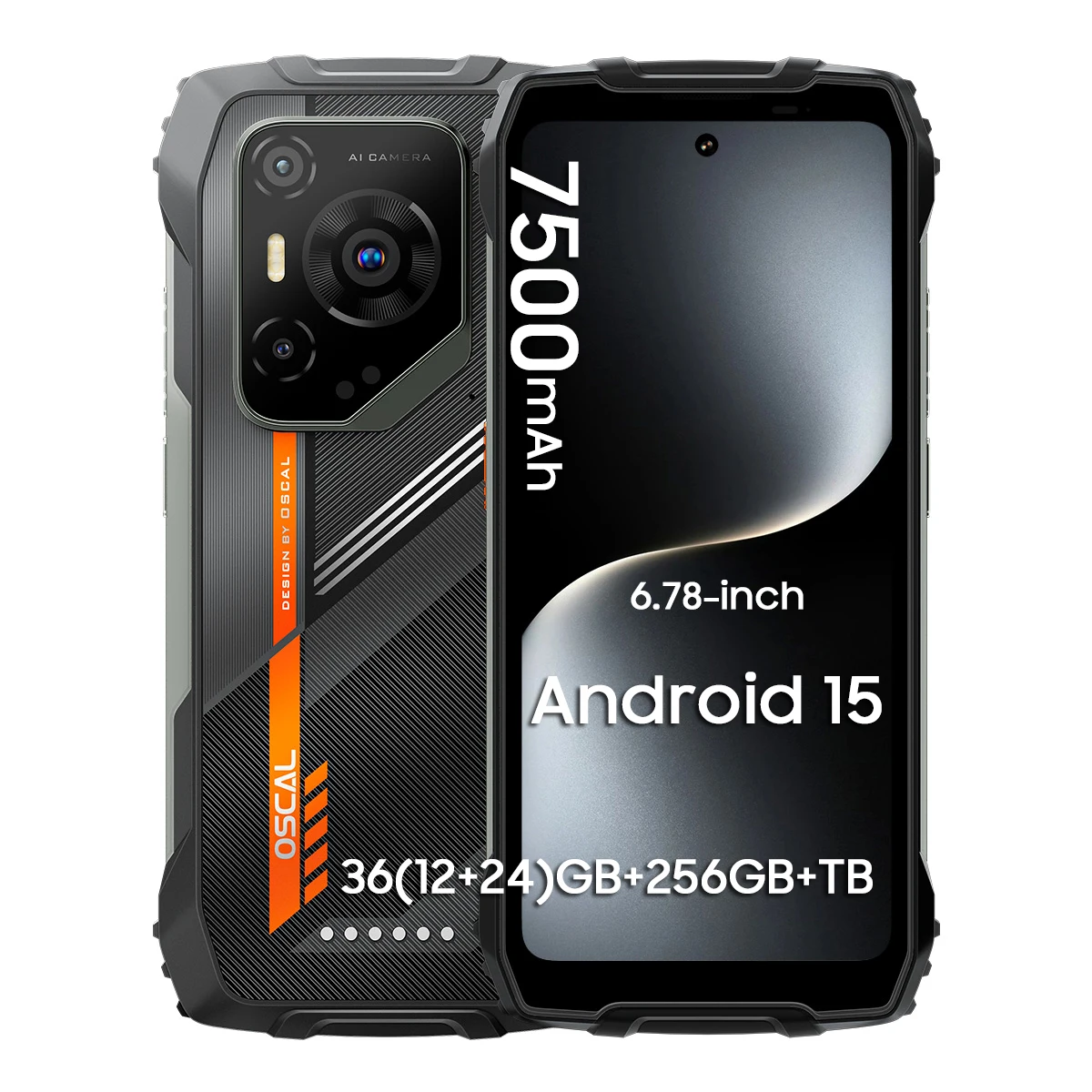 OSCAL PILOT 3 robuuste telefoon, Android 15 robuuste smartphone 5G afmetingen 6300, (12+24)GB RAM 256GB ROM, 6,78" display 120Hz,7700mAh