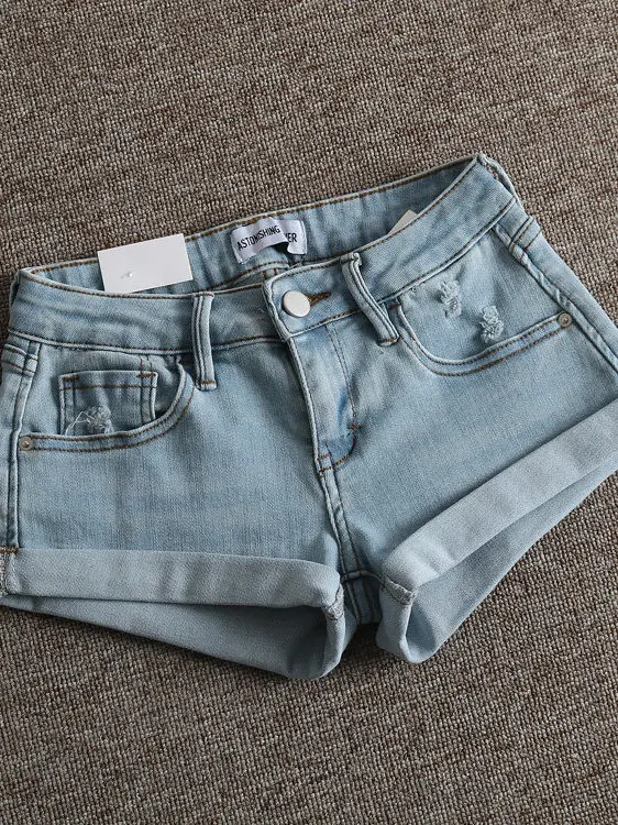 Retro American Streetwear Distressed Design Denim Shorts Women's Summer Slim Fit Low Waist Cuffed Butt Lifting Hotpants