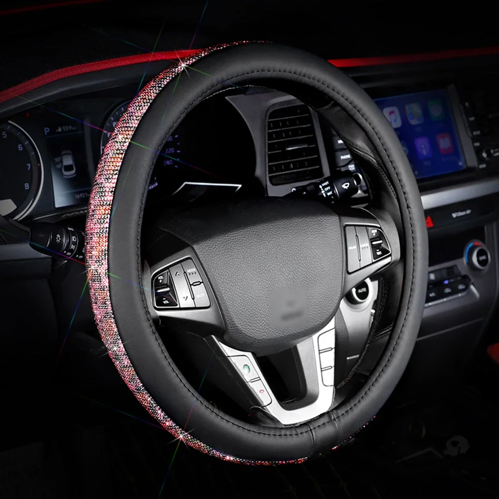 38cm Anti-slip Leather Car Steering Wheel Cover Case with Crystals for BMW Toyota Benz Andi Nissan Mazda Honda Styling