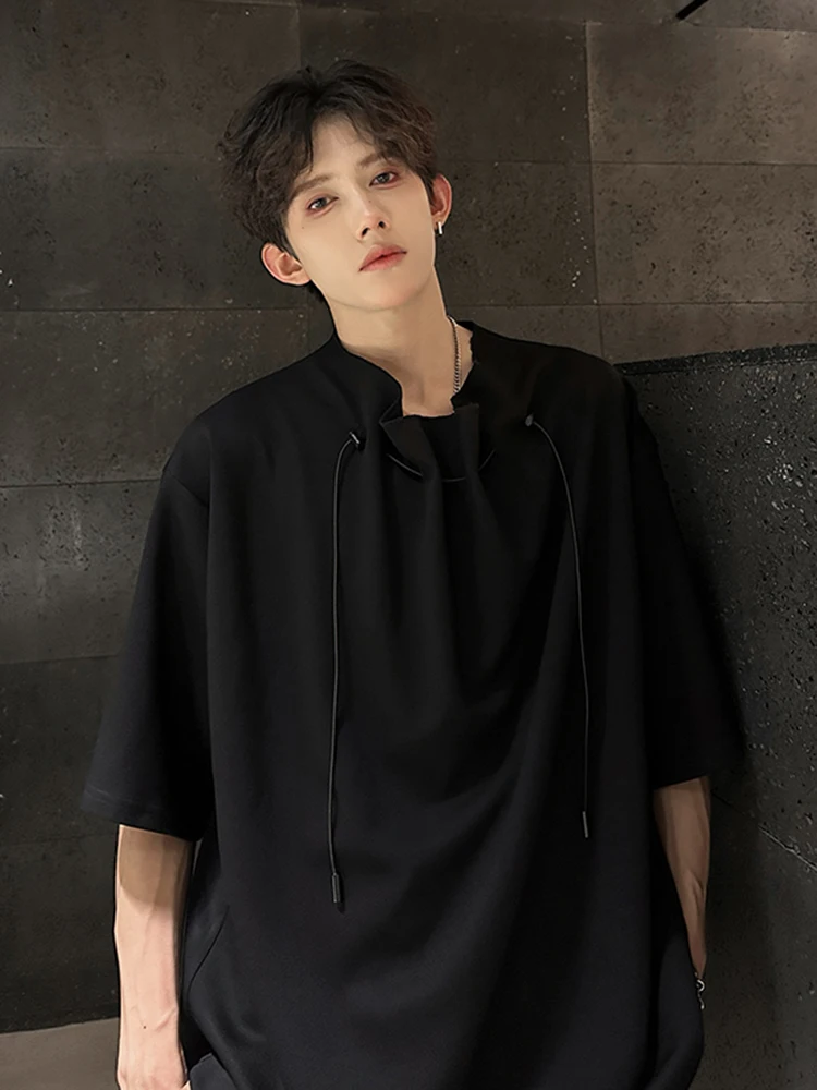 Ice Silk Half Sleeve T-Shirt with Drawstring Shoulder Men's Summer Breathable Short Sleeve round Neck T-Shirt Creative Fun Print