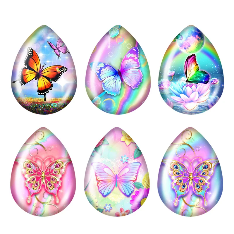 5pairs Rainbow Style Colorful Butterfly beauty teardrop shape Photo Glass cabochon flat back For Jewelry base Making Findings
