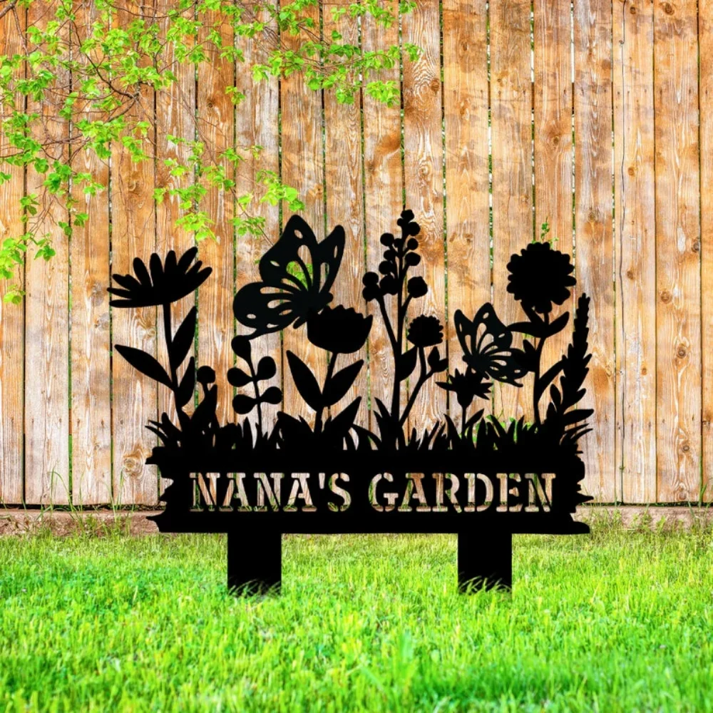 Custom  Metal Flower Sign with Stakes Personalized Garden Name Outdoor Housewarming Gift Wall Decor Vintage