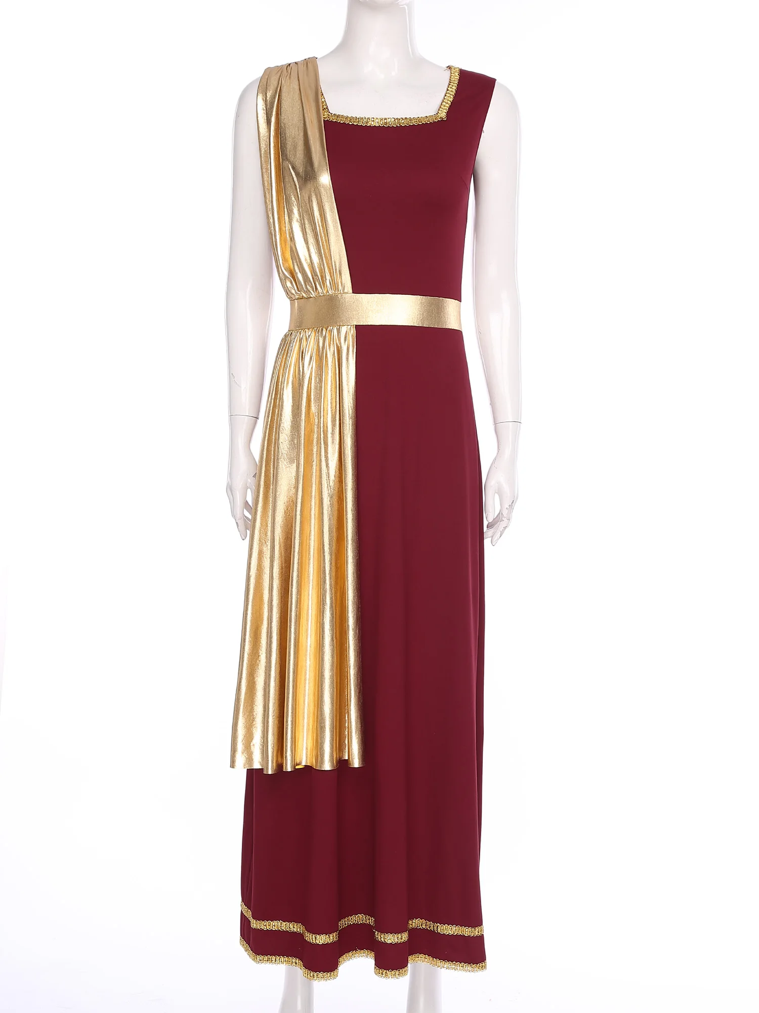 Women Ancient Greek Roman Queen Princess Cosplay Costume Sleeveless Metallic Shiny Tunic Toga Dress for Halloween Theme Party - view 3