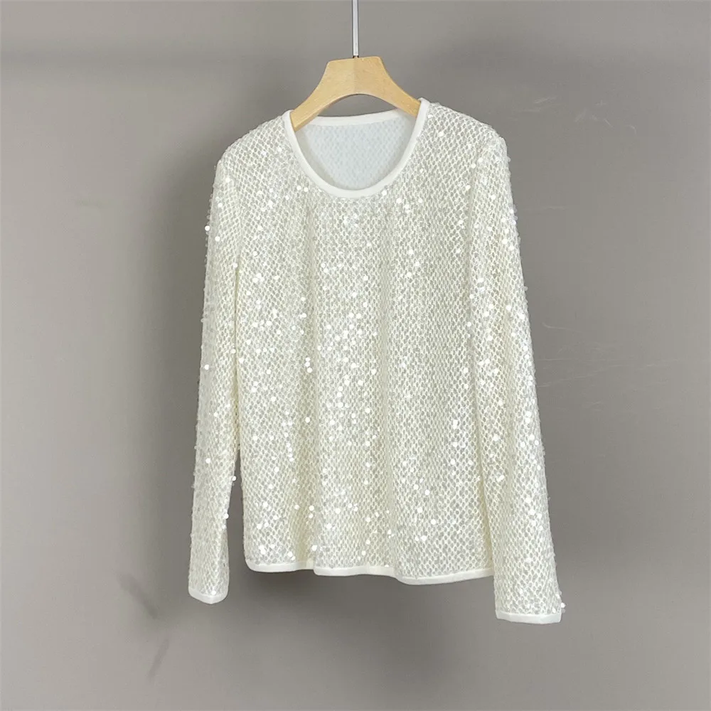 

Ladies Heavy Sequined Beaded Long Sleeve Pullover Sweater Round Neck Long Sleeve Knitted Top's