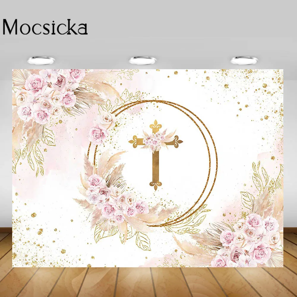 Mocsicka Baby Baptism Backdrop Golden Circle Cross Newborn Christening Party Decorations Pampas Grass Flowers Photo Background