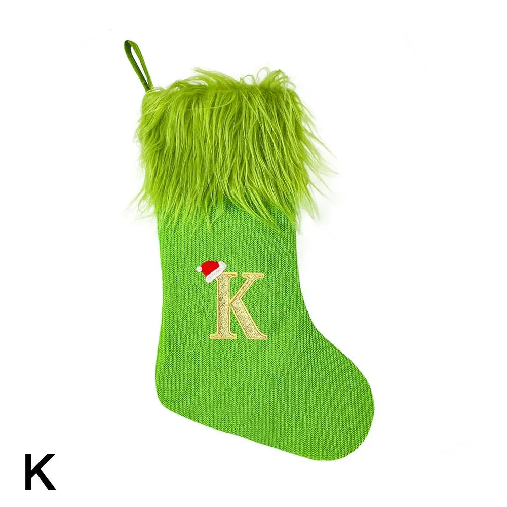 Ornement de chapeau de père Noël de lettres de A à Z, bord en peluche, broderie de cheminée verte, fête, maison, escalier, pendentif de Noël, K9O6