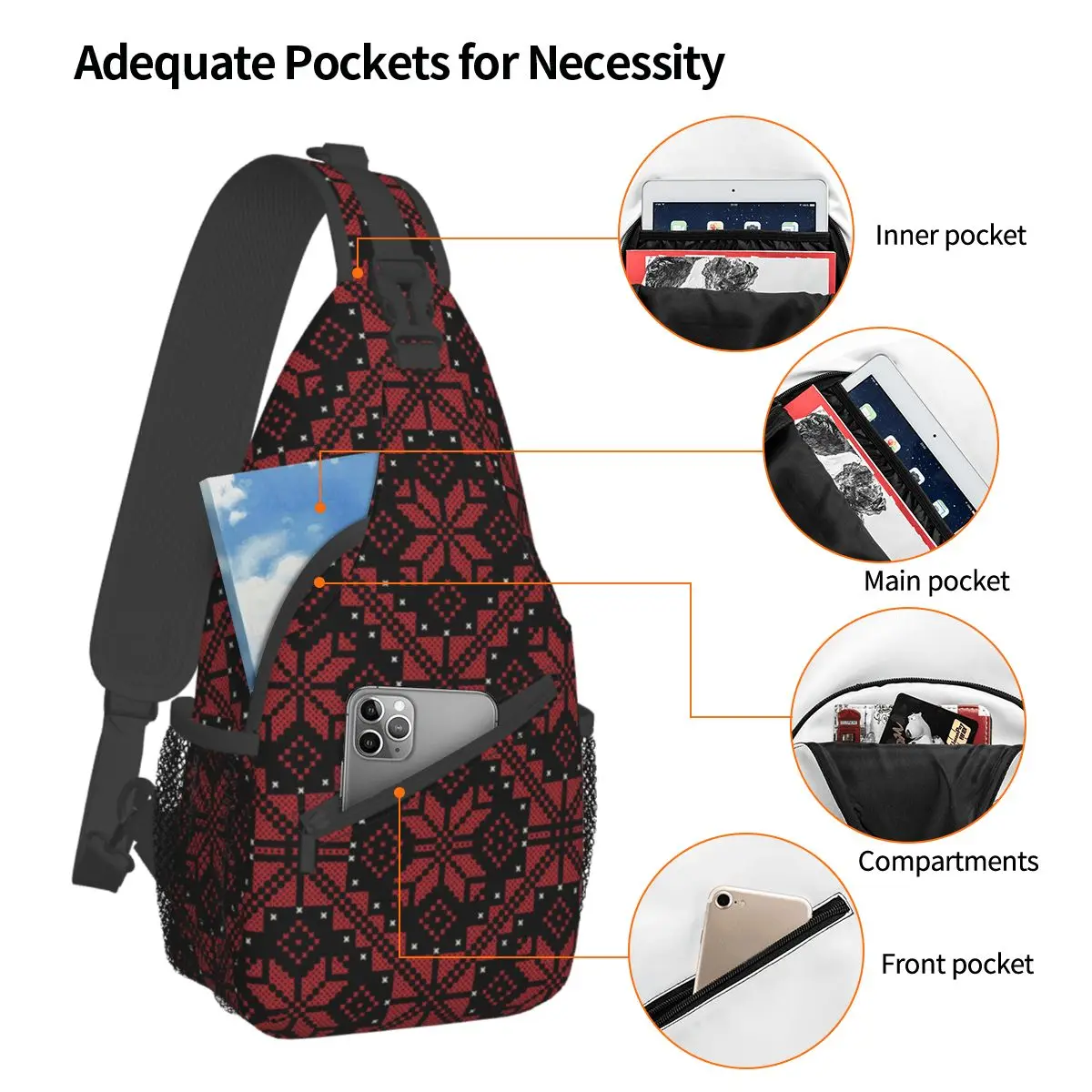 Palestinian Jordanian Tatreez Crossbody Sling Bags Small Chest Bag Palestine Shoulder Backpack Daypack for Hiking Biking Bag