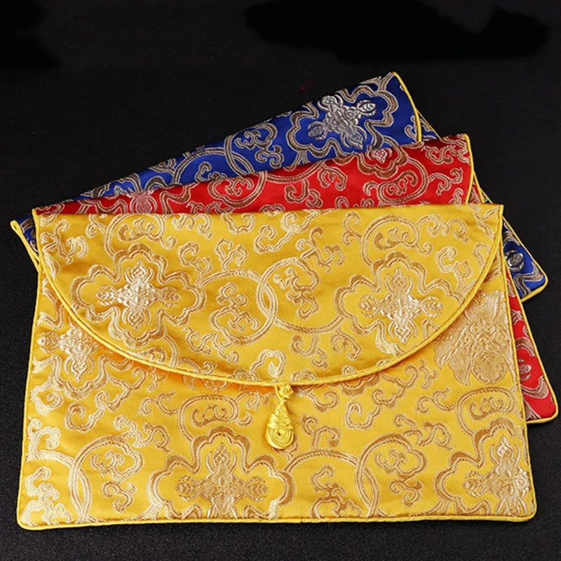 

Buddhist Scripture Storage Bag Tantric Organizer Handicrafts Embroidery Satin Button Bag Good Luck Buddhism Home Gift Decorative