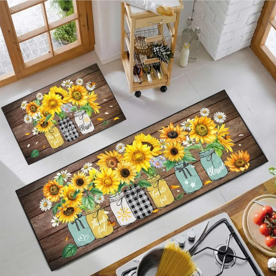 

Sunflower Kitchen Decor Rug 2 Piece Set Summer Country Farmhouse Style Kitchen Floor Mat Absorbent and Washable Runner Decorati