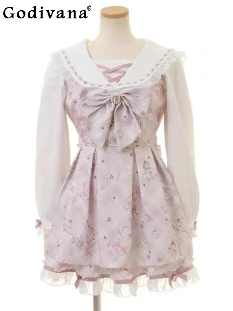 

Plus Size Spring Autumn New Sweet Bow Lolita Dress Skirt Sets Fashion Versatile Age-reducing Navy Neck Long Sleeve Dresses