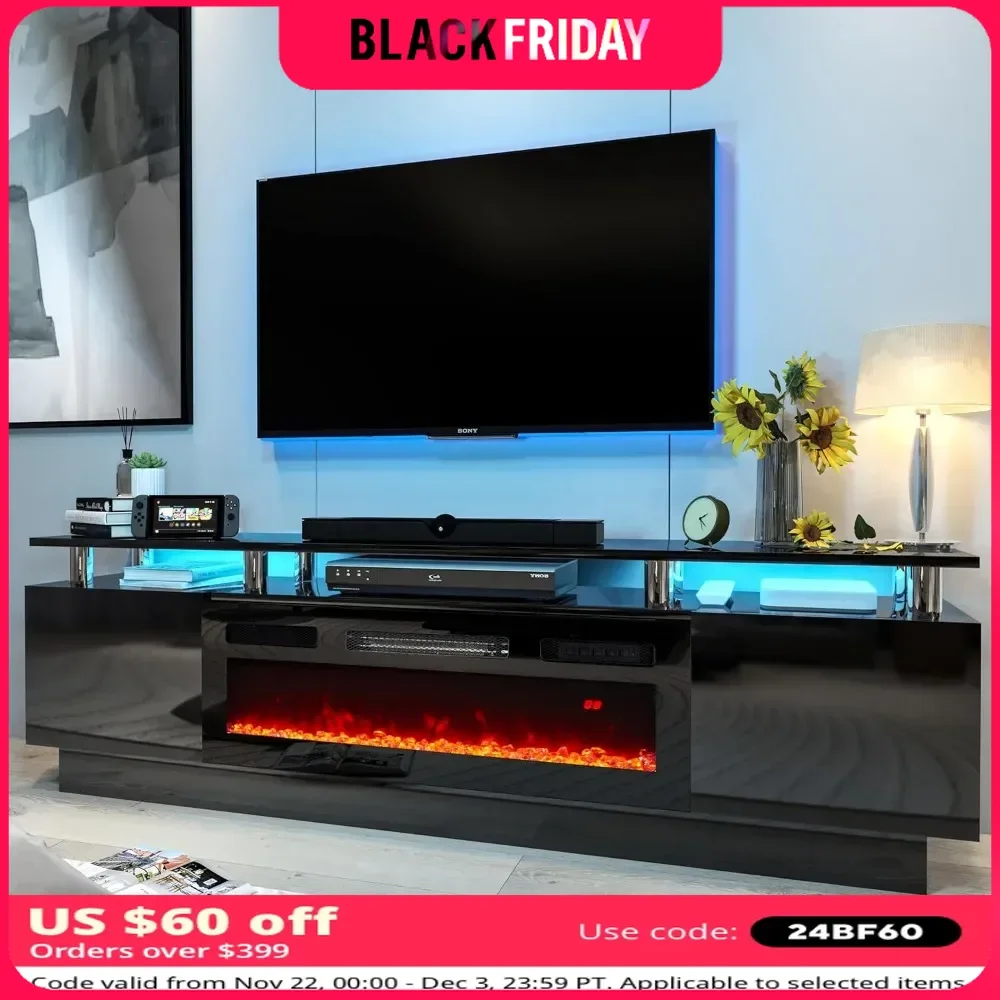 TV Stand with Two Hinged Doors for TVs UP To 80”, LED Lights & Storage Cabinets, 70” Modern Fireplace TV Stand