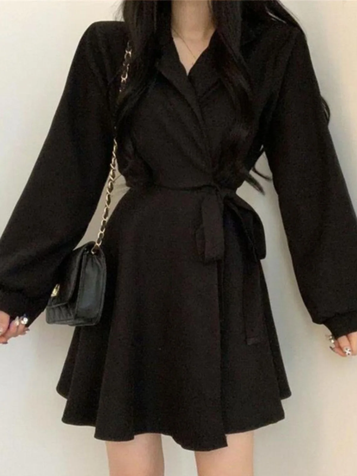 

Bla Slimming Waist Gown Women's Faionable irt Dr Long Sve Autumn New Arrival A-Line Skirt V-Ne Casual Sle