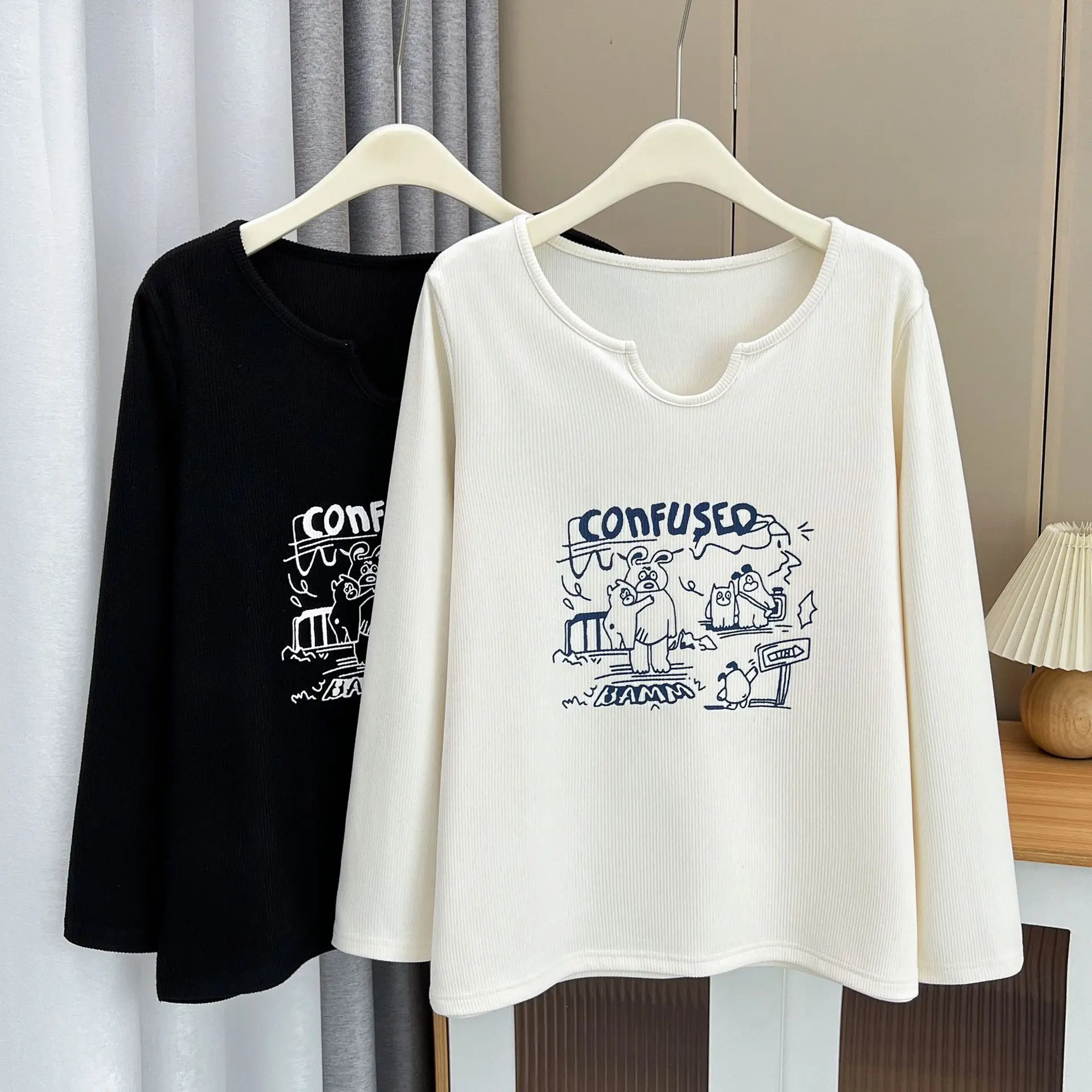 Autumn 2023 100kg Thickness Brushed Printed Small U-collar Long Sleeve Top Plus Size Women's Casual Bottoming T-shirt