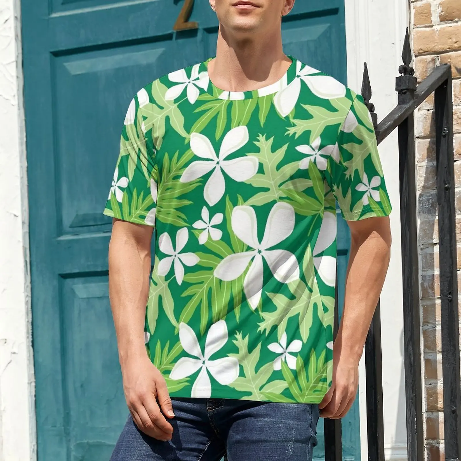 Tropical Floral T Shirt For Couple Green Leaf Print O Neck T Shirts Summer Trendy Clothes Short-Sleeve Y2K Casual Plus Size Tees