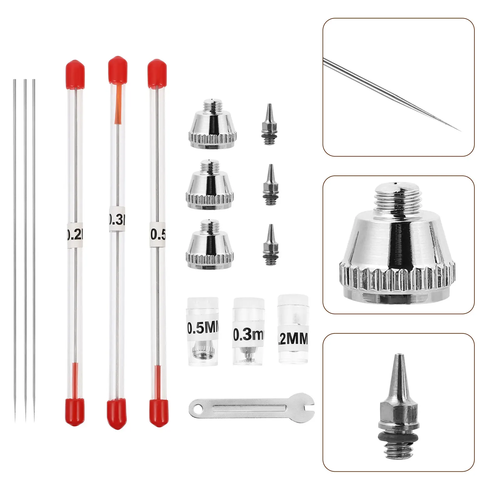 

Airbrush Accessories 0.2mm 0.3mm 0.5mm Nozzles Alloy Needles Wrench Durable Stainless Steel Replacement Parts for Sprayer