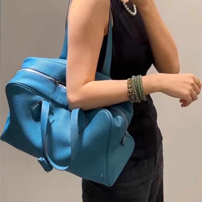 

Retro High End Blue Boston Handbag Women Large Capacity Minimalist Style Tote Bag Ladies Fashion Trend Commute Shoulder Bag Chic