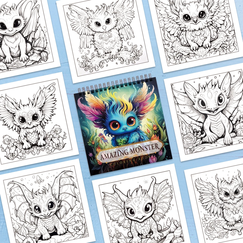 3 قطع من كتاب التلوين النسائي، أنماط وحش خيالية على شكل فطر القطط، سميكة 30 صفحة حلزونية، هدية مثالية للاسترخاء