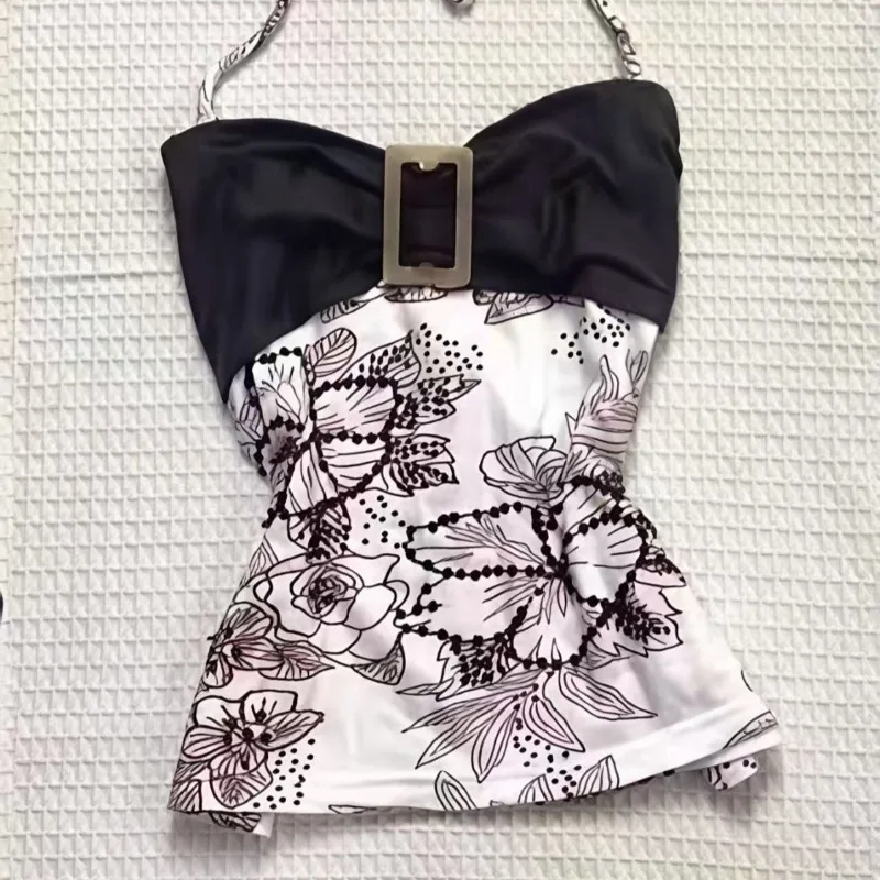 

Retro Halter Top American Punk Hottie Halter Vest Harajuku Aesthetic Print Camisole Summer Splicing Design Tees Street Clothing