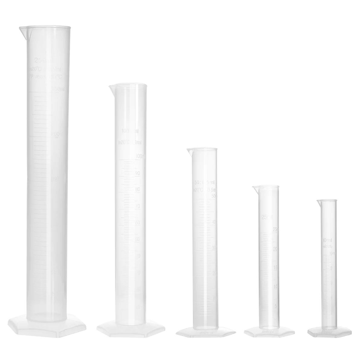 UEETEK 5pcs Transparent Measuring Cylinder Plastic Graduated Cylinder 10ml / 25ml / 50ml / 100ml / 250ml