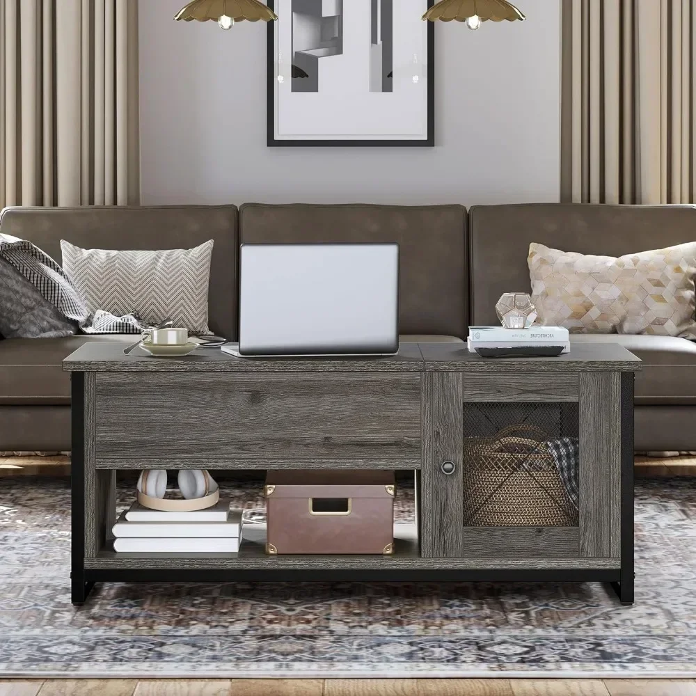 Lift Top Coffee Table with Storage, Double Doors , Wood Tea Center Table sLiving Room for Home Offices, Grey Wash