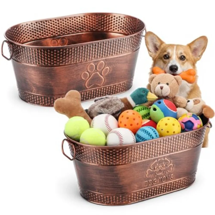 

Набор из 2 металлических корзин для игрушек для собак: большая овальная медная коробка для игрушек для щенков с ручками, прочный оцинкованный контейнер для одеял, поводков и других принадлежностей для домашних животных
