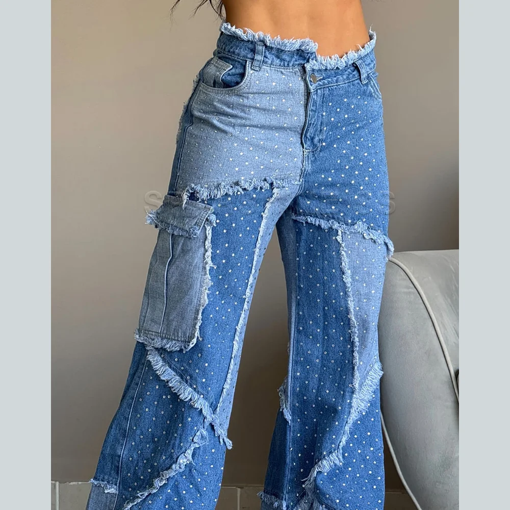 Women's Korean Casual Jeans Classic Straight Denim Wide-leg Trousers Solid Color Splicing Style Fashion Long Pants Plus Size