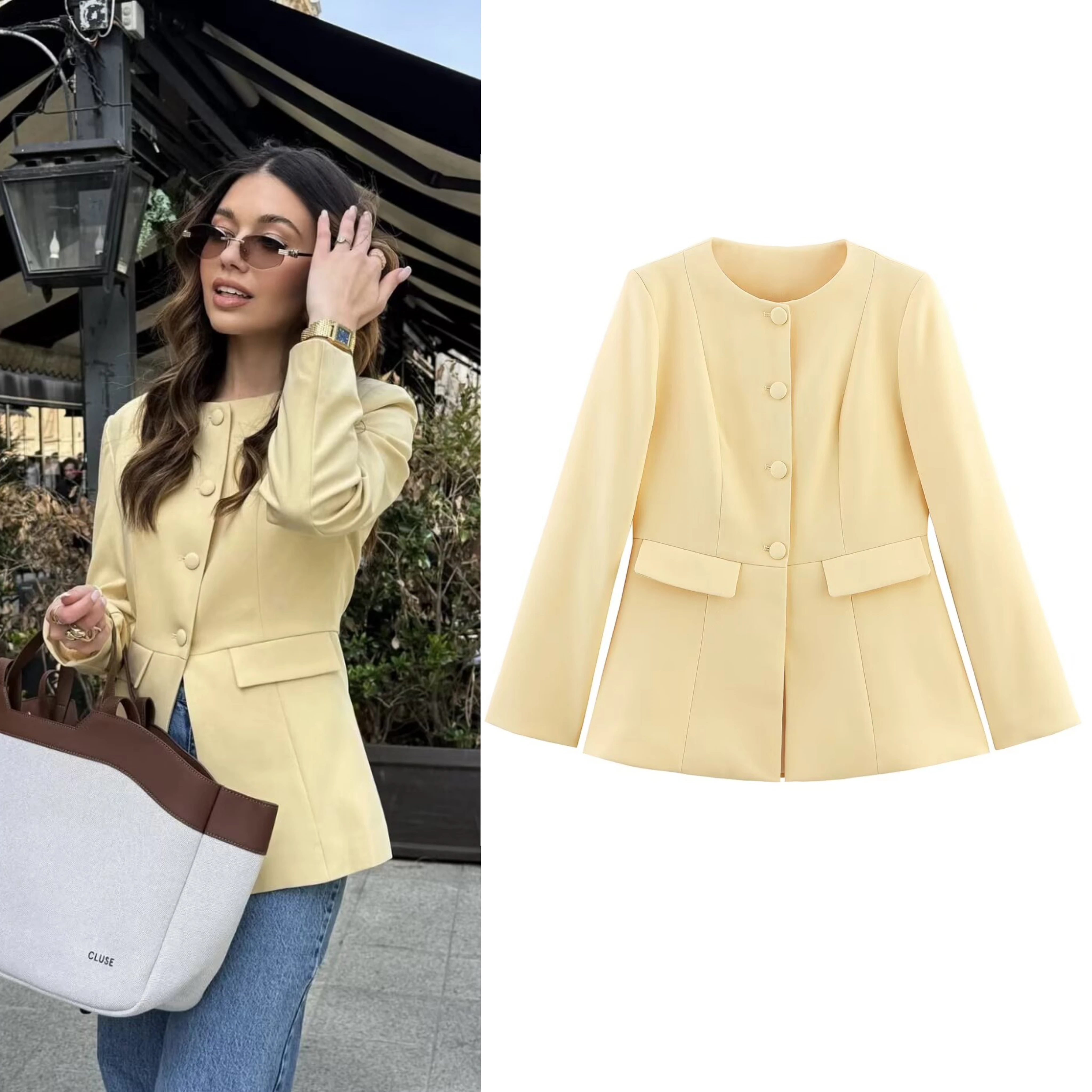 

Women's Jacket New Summer 2025 Yellow Long Sleeved Round Neck Breasted Embellished Blazer Casual Fashion Personality Versatile