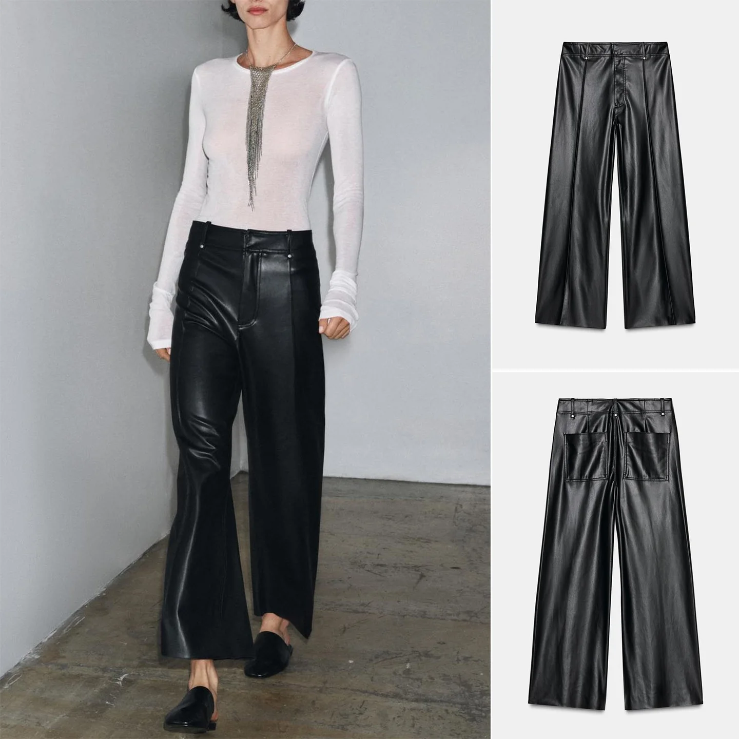 High Waist Cus-Made Women's Leather Look PU Pants New Autumn Design Loose Wide Leg Trousers for Ladies Polyester Fiber