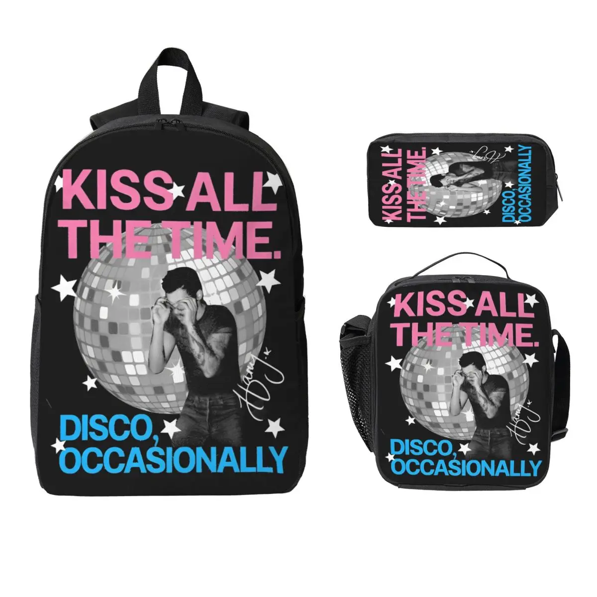 3Pcs Harrys Styles Kiss All The Time Backpack Set for Children Pen Bags Bookbag Sets with Lunch Box For School Students Knapsack