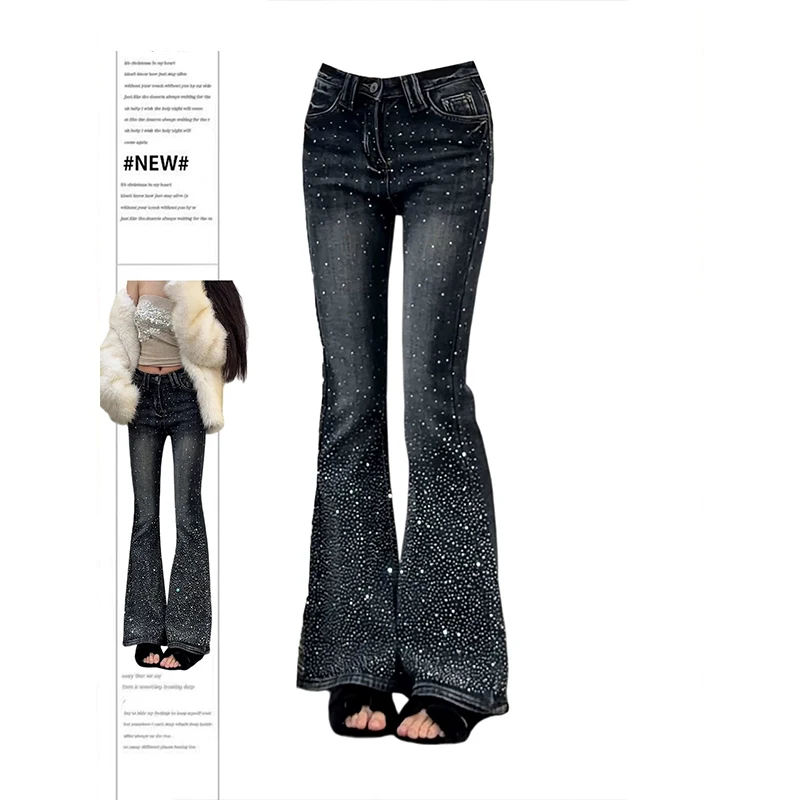 

American Design Slim Fit Women's Jeans Micro Flared Long Pants Sparkling Star Diamond Retro Faion High Waist Denim