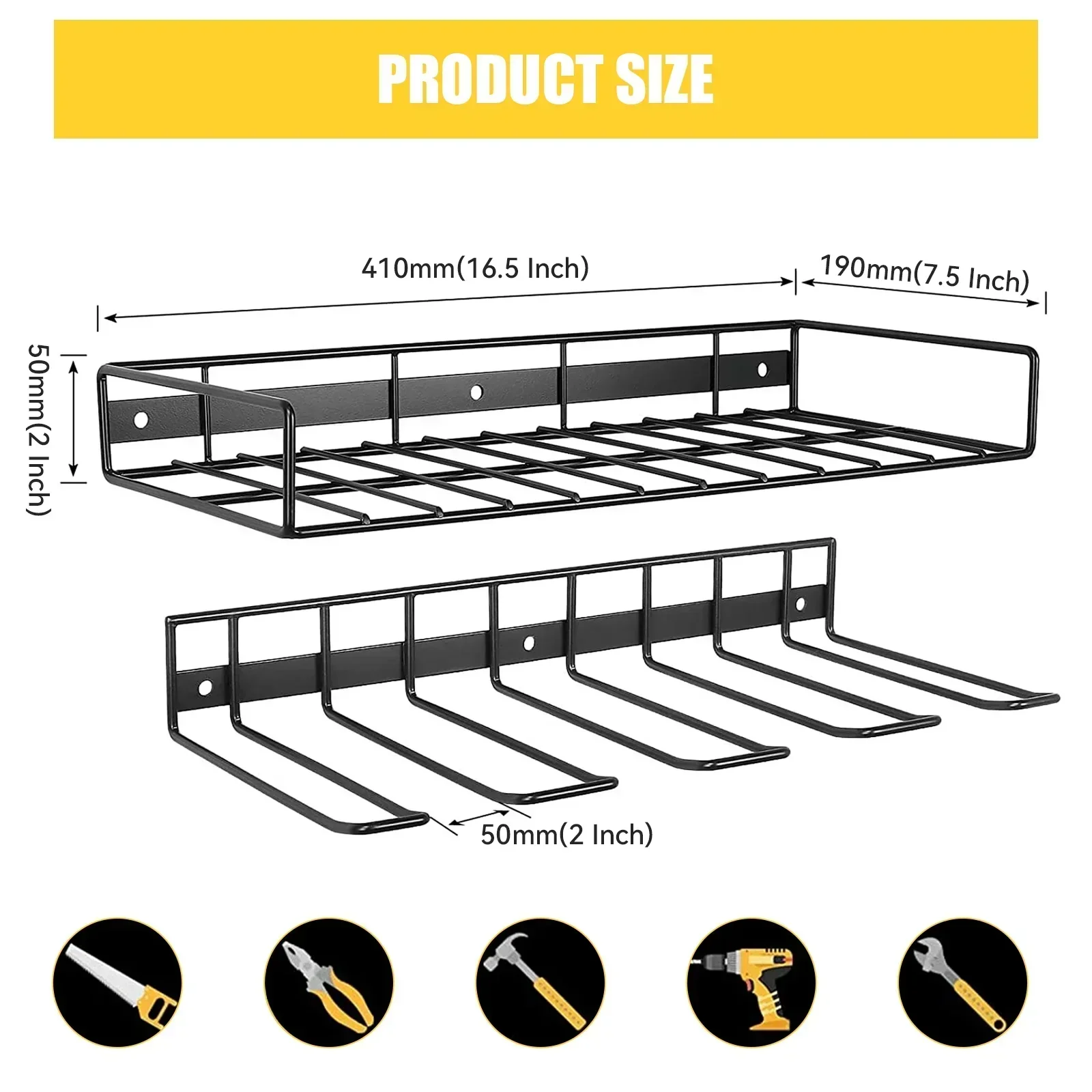Power Tool Organizer, 2 Layers Storage Rack, 4 Drill Holders, Garage Storage Shelving Wall Mounted