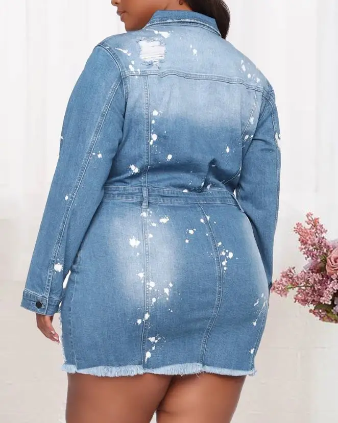 Damskie sukienki 2023 wiosna moda tusz Splash zgrywanie surowy przycisk Hem przód dorywczo skręcić w dół kołnierz z długim rękawem Mini Denim Dress