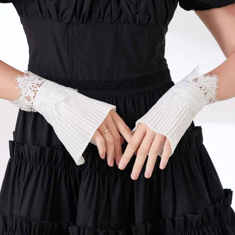 

White Lace Decorative Pleated Fake Cuffs Photography Shoots Women Detachable Wrist Sleeves For Sweater Blouses Shirt Dress